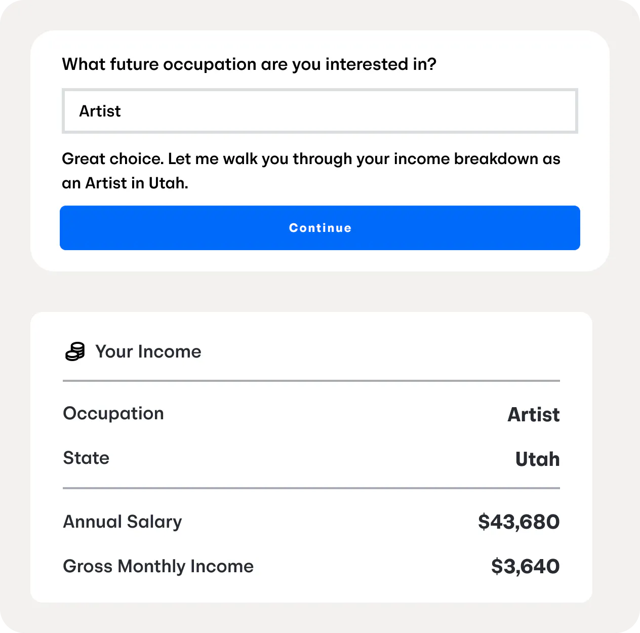 Future Finder showing an Artist in Utah with an annual salary of $43,680 and a gross monthly income of $3,640.