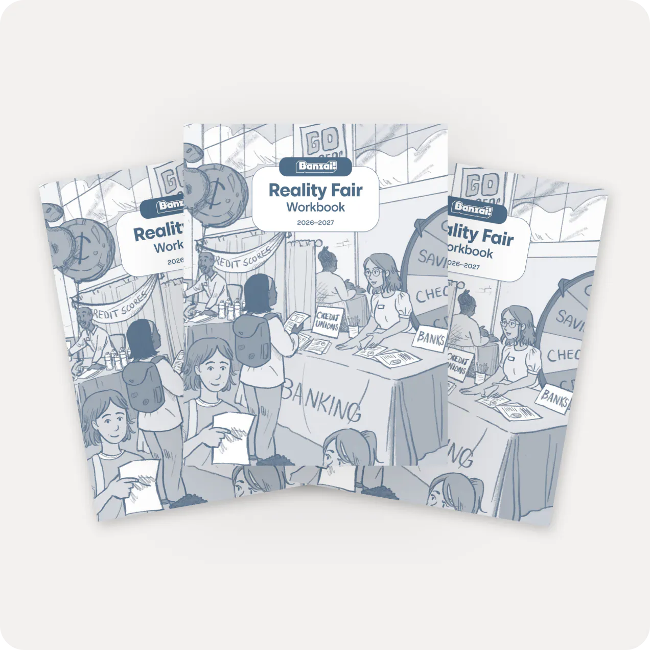 Three Reality Fair student workbooks fanned out.