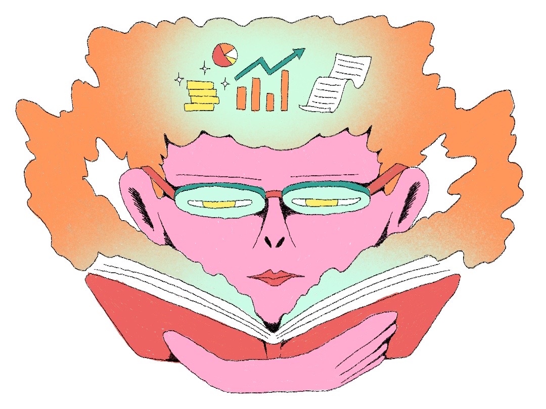 Money and Emotions An illustration of someone reading about finances.