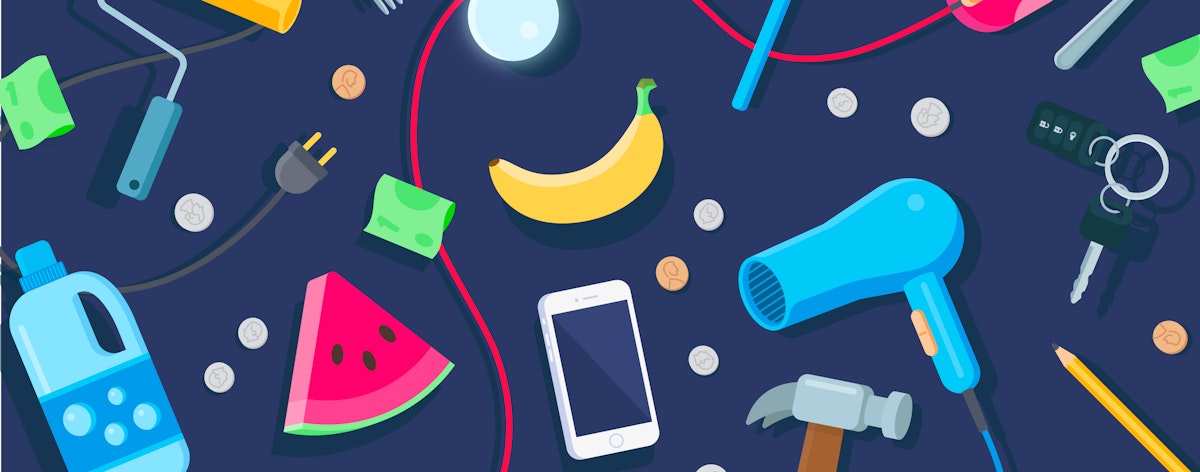 Items including a watermelon, charger, bottle of water, cell phone, and more are scattered on a blue background.