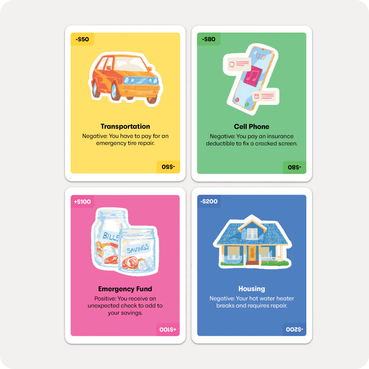 Four Life Happens cards: an emergency tire repair, a cracked phone screen, an unexpected check for savings, and a broken water heater.
