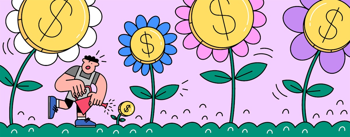 A man waters coin flowers.
