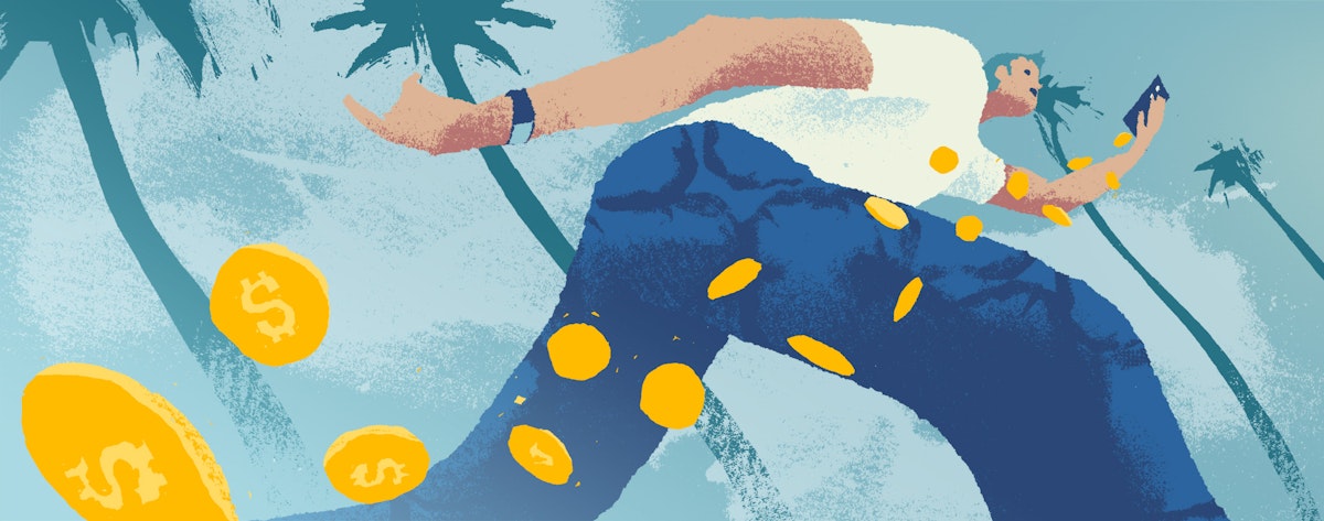 A man runs while holding out his phone. Coins spill from the phone.