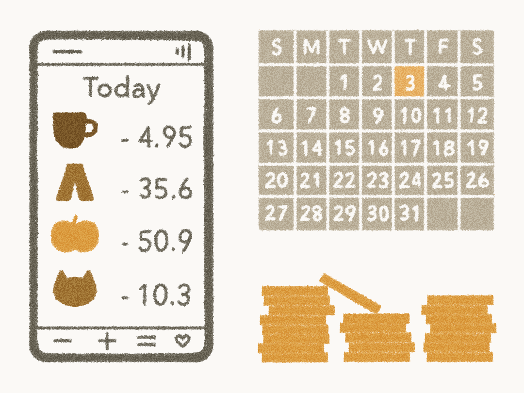 Building Financial Confidence An illustration of a calendar, digital spending tracker, and pile of money.