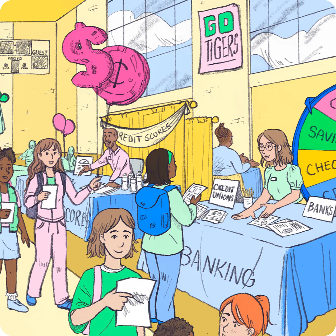 Illustration of students visiting booths at a Reality Fair, including banking and credit union tables.