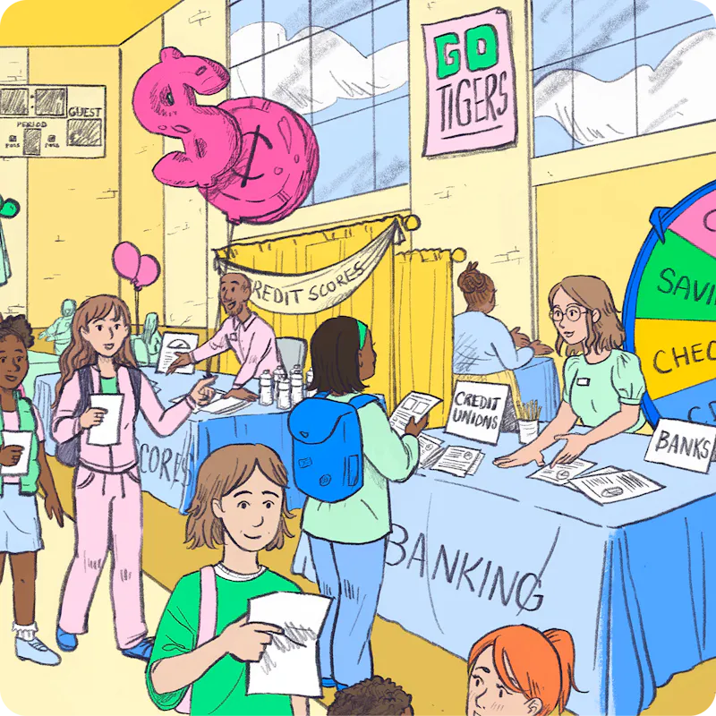 Illustration of students visiting booths at a Reality Fair.